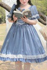 Square Collar Lace Short Sleeves High Waisted Plus Size Sweet Lolita OP Dress - Blue - 1