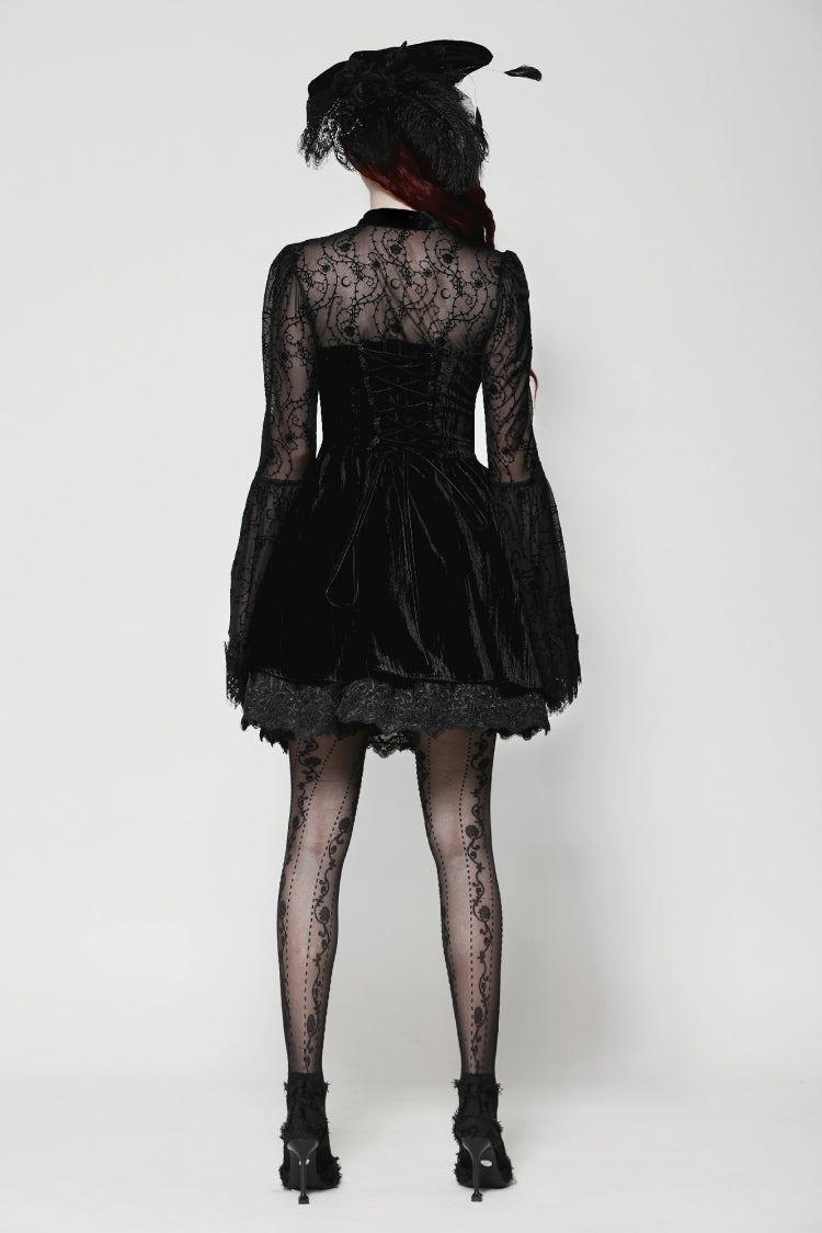 Black Lace Long Trumpet Puff Sleeves Floral Jacquard Cut-Out Lace-Up Women's Gothic Short Dress - Product - 4