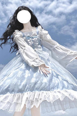 Light Blue Shell Jacquard Ruffle Bowknot Lace Sweet Lolita Jsk Dress - Product - 4