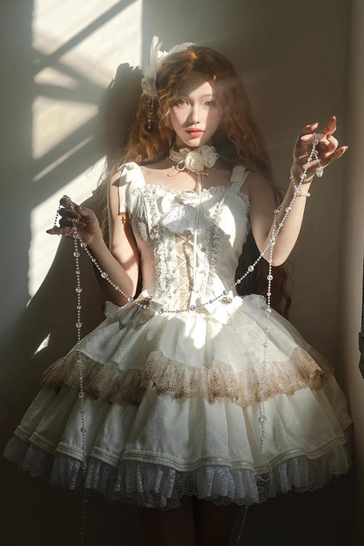 White Double-Layered Ruffle Lace Gothic Ballet Lolita Jsk Dress - White - 1