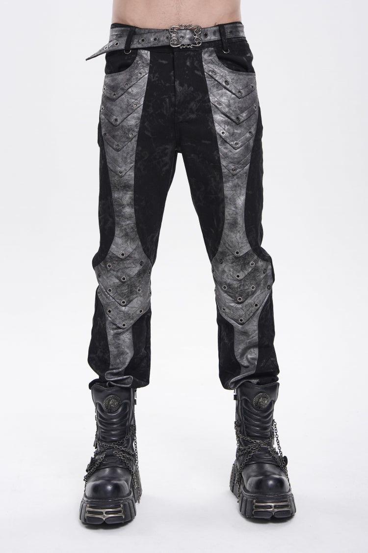 Grey Printed Cut-Out Spliced Color-Blocked Men's Punk Cool Pants - Grey - 1