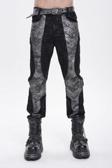 Grey Printed Cut-Out Spliced Color-Blocked Men's Punk Cool Pants - Grey - 1