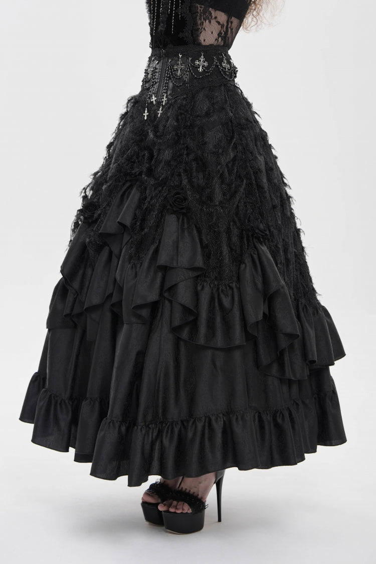 Black Women's Gothic Cross Rose Beaded Long Skirt Gorgeous Skirt - Product - 8