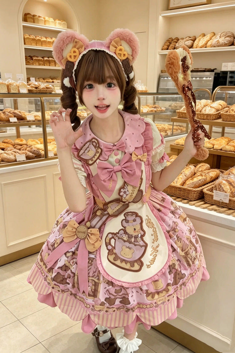 Pink [Teddy Bear Cookie] Strawberry Cream Puff Dessert Printed Bow Plus Size Sweet Lolita Dress Set 3 Versions - Product - 15