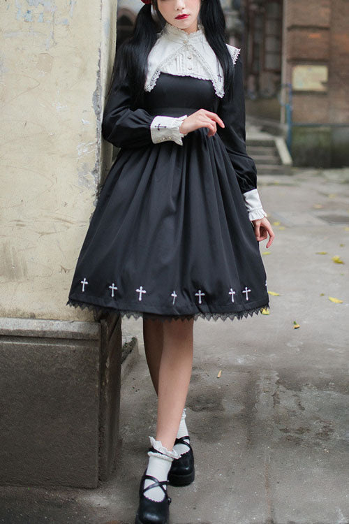 Black Dark Style Punk Cross High Waist Gothic Lolita OP Dress - Black - 1