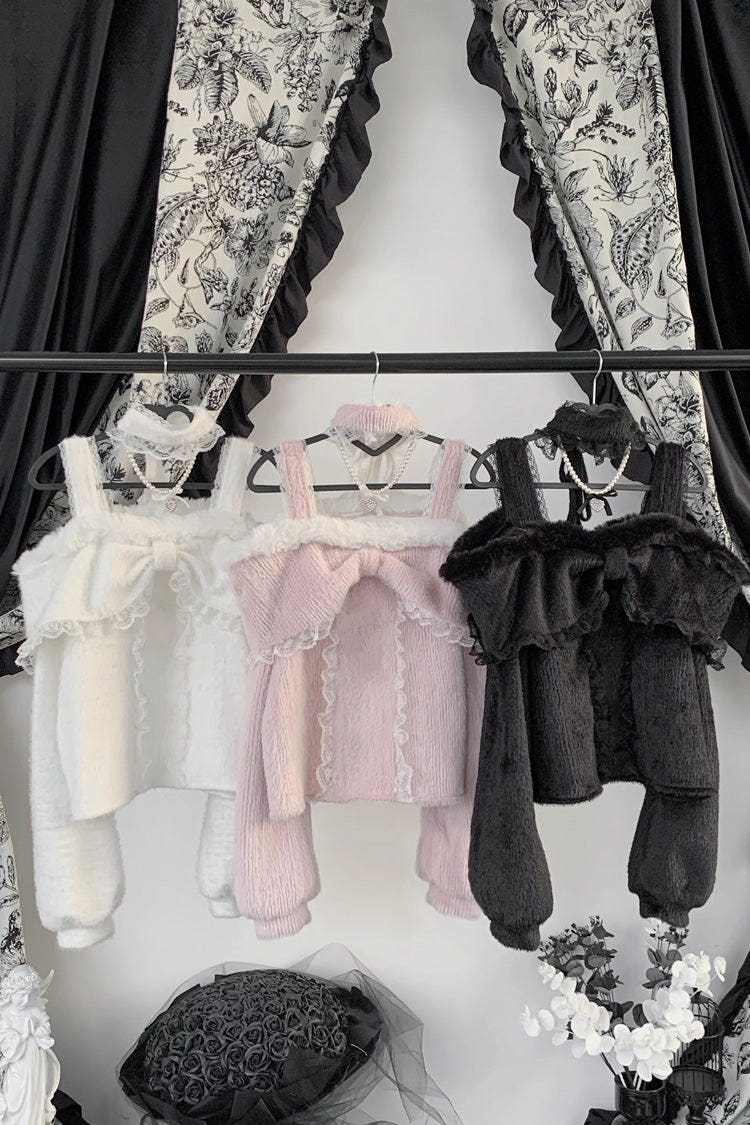 Jirai Kei Off Shoulder Long Sleeves Lace Sweet Japanese Fleece-Lined Top 3 Colors - Pink - 1