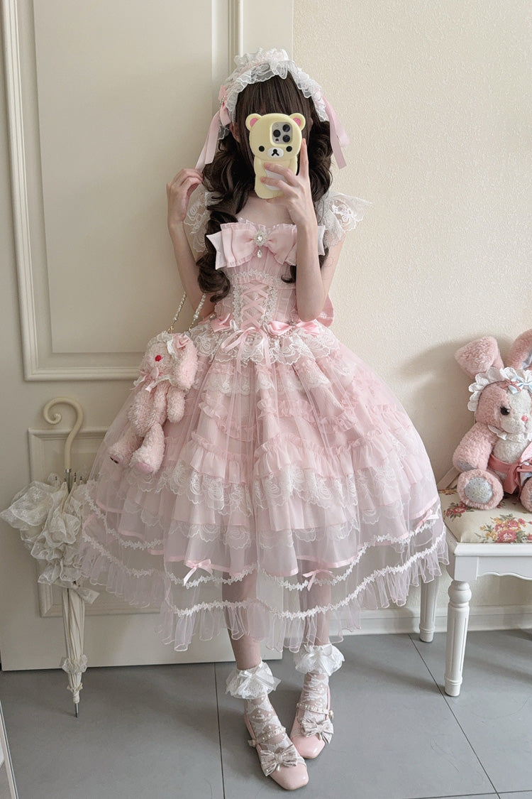 Pink [Eternal Vow] Sleeveless Multi-Layered Ruffle Hanayome Bowknot Lace Lace-Up Sweet Lolita Jsk Dress - Product - 8