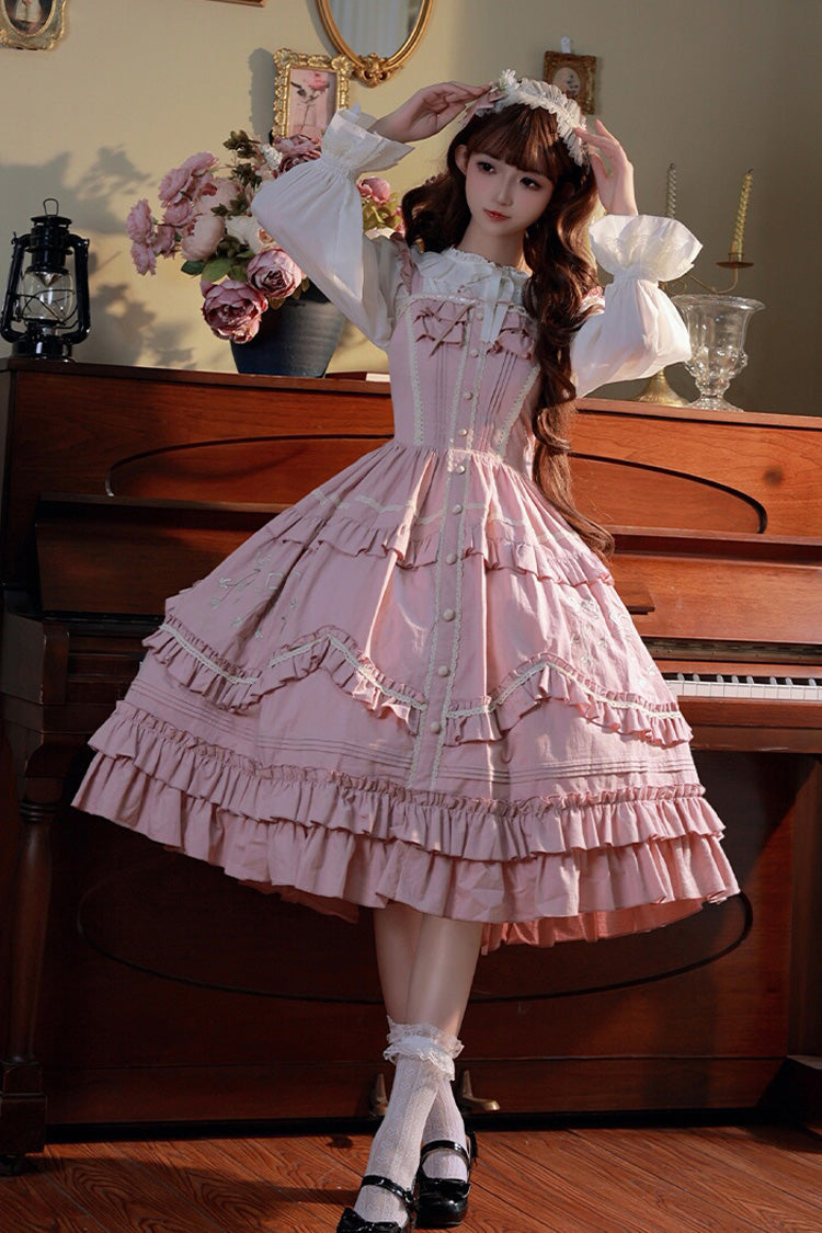 Pink Pastoral Style Double-Layered Ruffle Embroidery Sweet Lolita Jsk Dress - Pink - 1