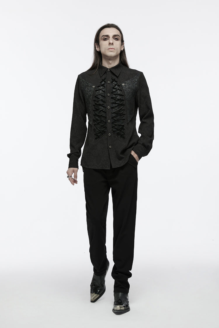 Black Lapel Collar Long Sleeves Jacquard Print Drawstring Lace-Up Men's Gothic Blouse - Product - 4