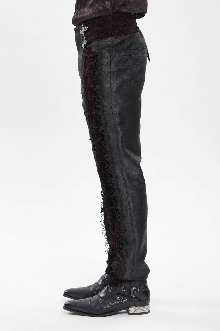Black/Red Jacquard Spliced Lace-Up Slim Men's Gothic Velvet Palace Pants - Product - 5