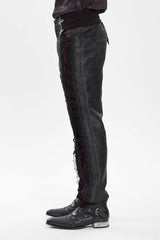 Black/Red Jacquard Spliced Lace-Up Slim Men's Gothic Velvet Palace Pants - Product - 5