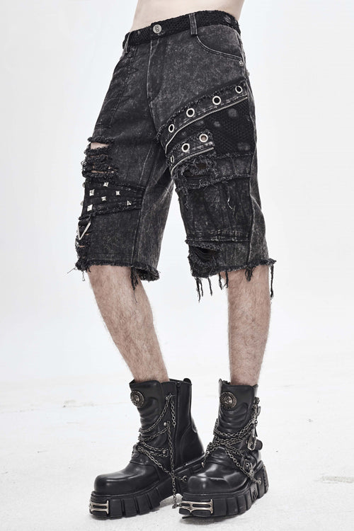 Black Decadence Punk Rock Nailed Ragged Shorts Mens Pants - Product - 3