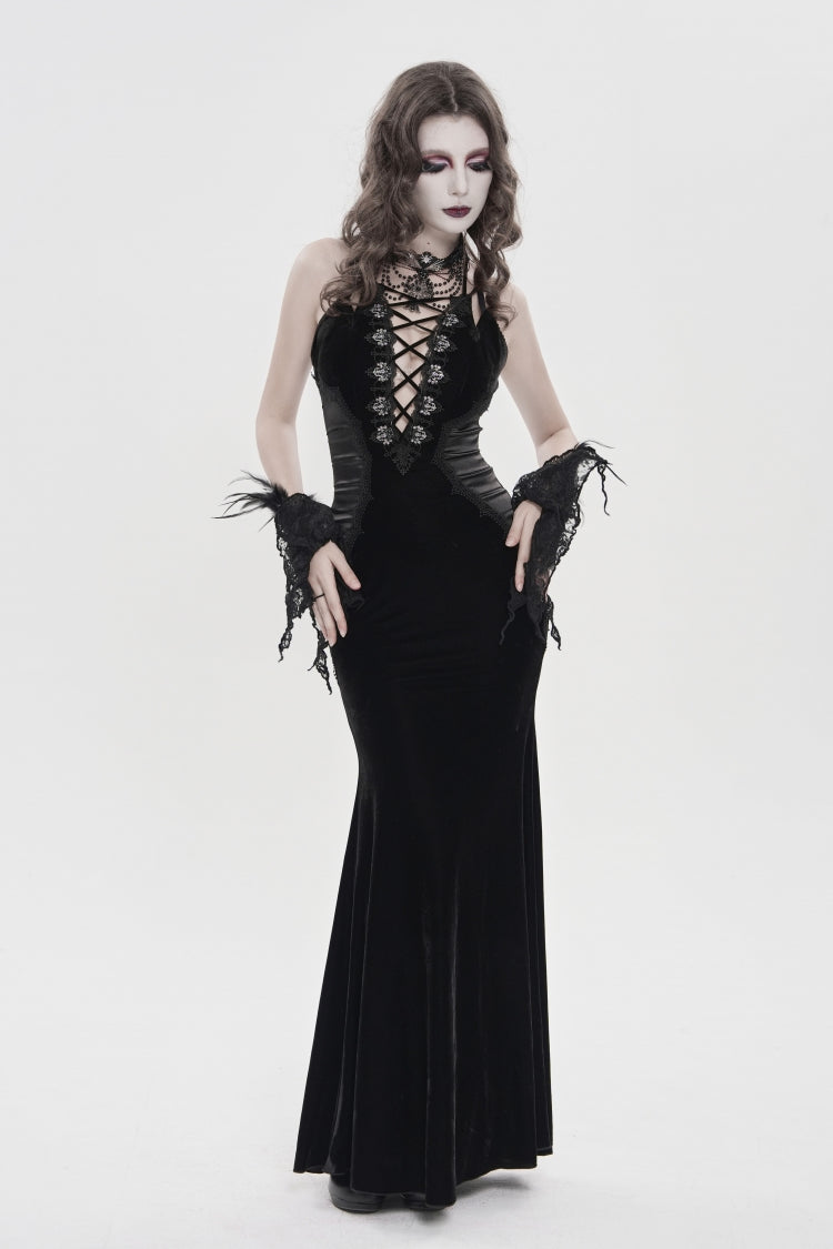 Black Off Shoulder Sleeveless Hanayome Spliced Lace-Up Slim Pleated Women's Gothic Jsk Dress - Black - 5