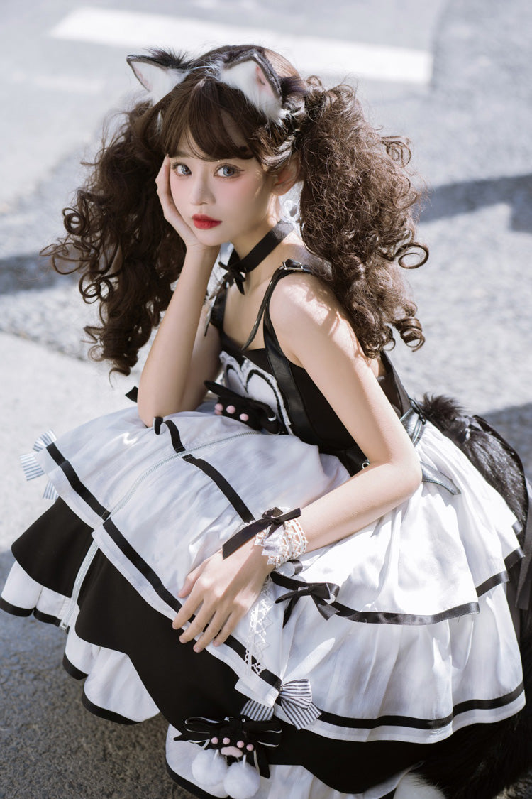 Black/White [Cat Fist] Triple-Layered Ruffle Bowknot Sweet Lolita Jsk Dress - Product - 12