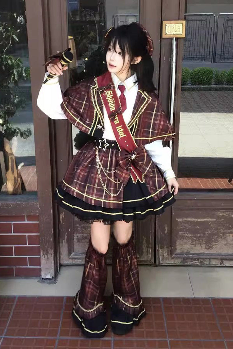 Red [Shōwa Little Idol] Lapel Collar Long Sleeves Ruffled Open-Front Bow Asymmetric Classic Lolita Skirt Set - Product - 7