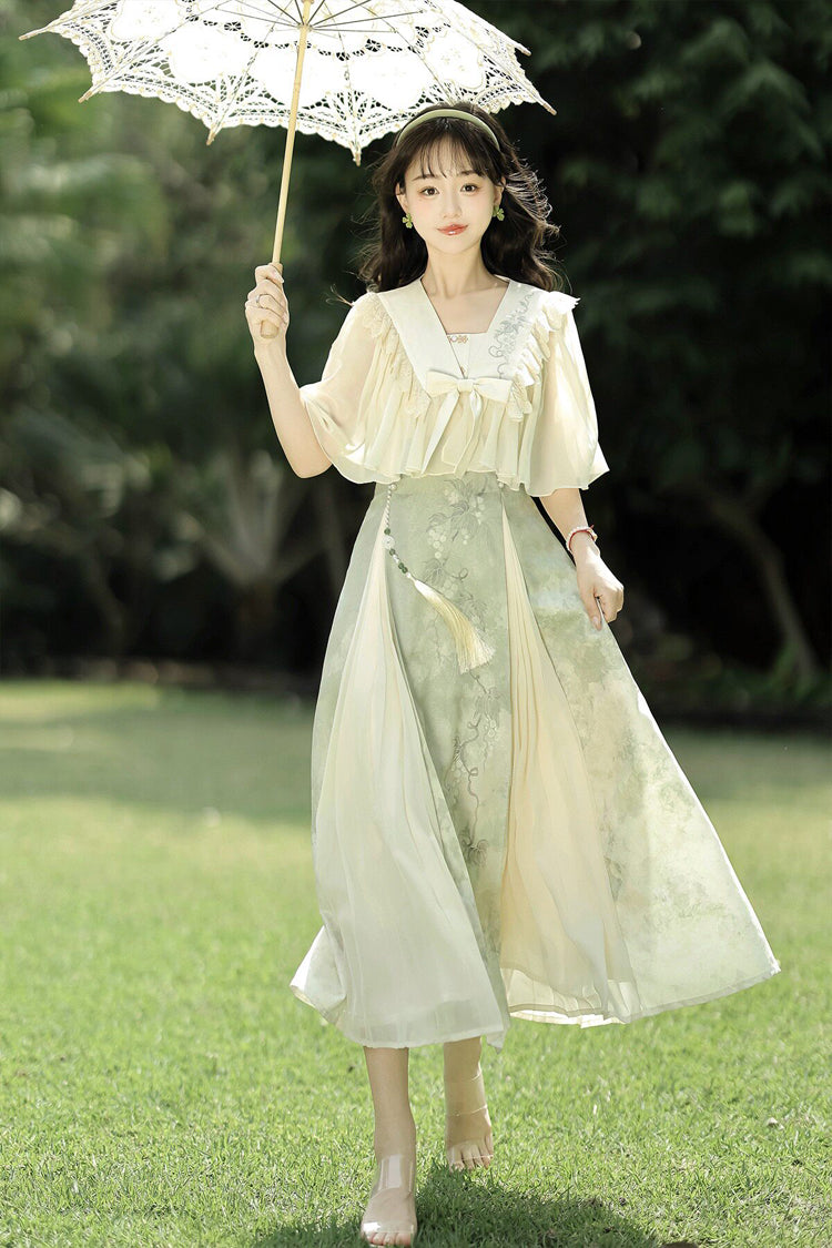 Green/Apricot [Green Grapes] High Waisted Printed Women's Daily Sweet Hanfu Dress Set - Product - 2