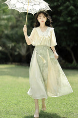 Green/Apricot [Green Grapes] High Waisted Printed Women's Daily Sweet Hanfu Dress Set - Product - 2