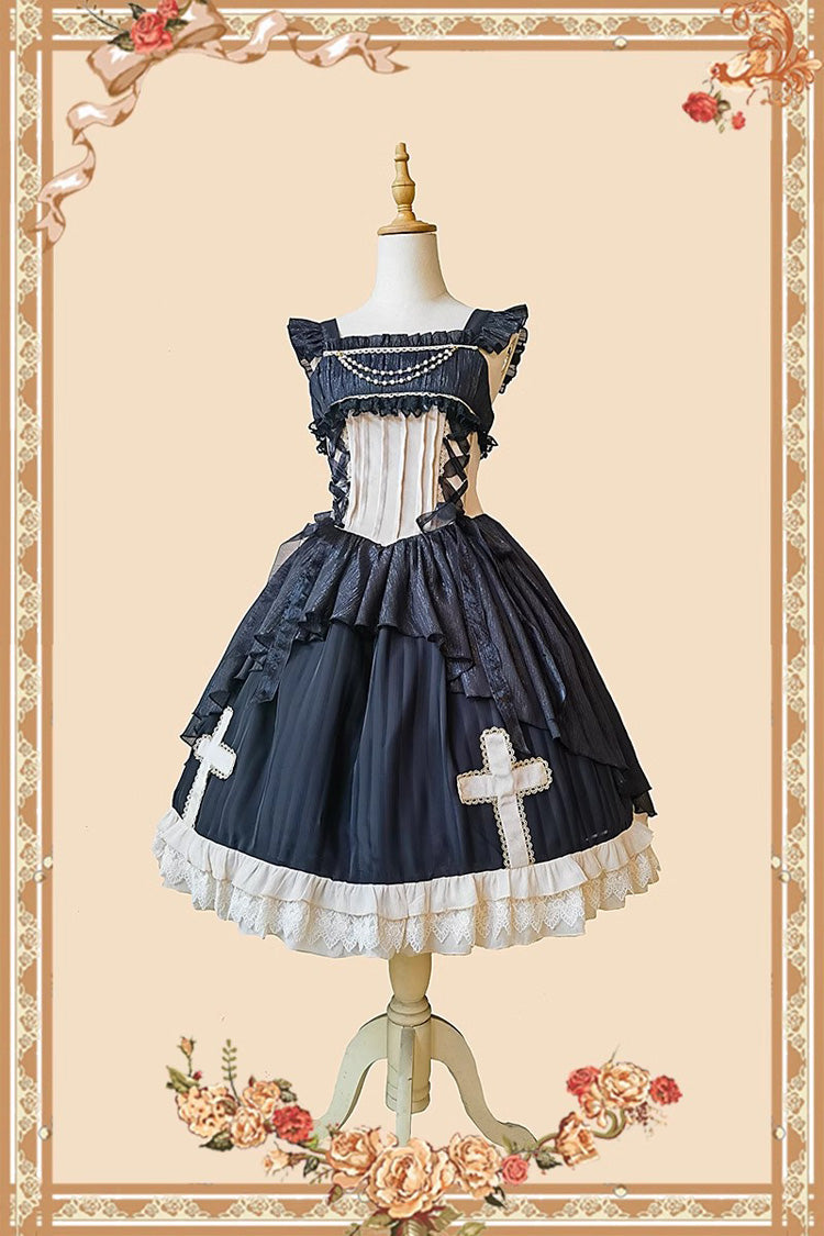 Black Eternal Life Song Print Cross Embroidery Sleeveless Ruffle Gothic Lolita Dress - Product - 7