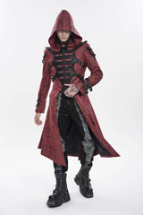 Red Stand Collar Long Sleeves Printed Spliced Studded Buckled Zippered Eyelet Men's Punk Cool Hooded Jacket - Product - 6