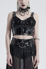 Black Knit Metal Buckle Shoulder Strap Splice Mesh Press Glue Women's Punk Vest - Black - 1
