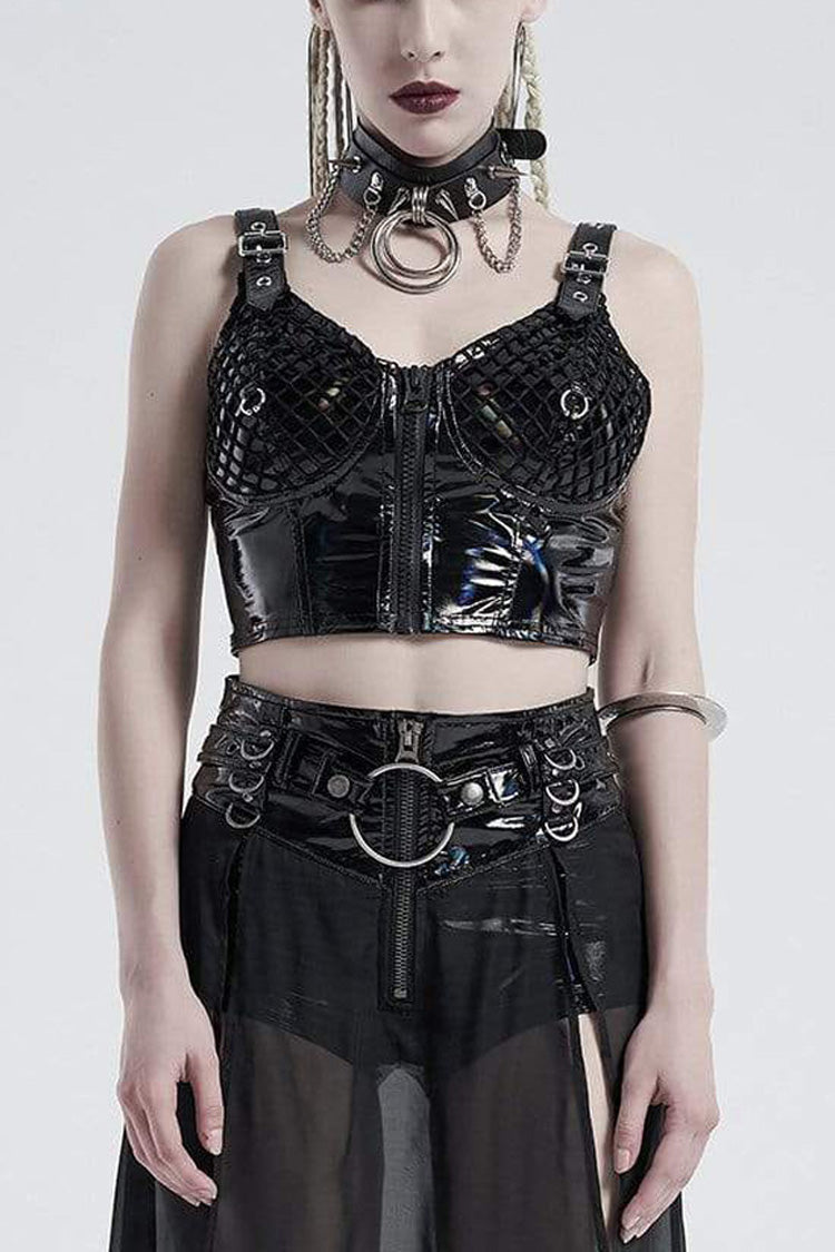 Black Knit Metal Buckle Shoulder Strap Splice Mesh Press Glue Women's Punk Vest - Black - 1