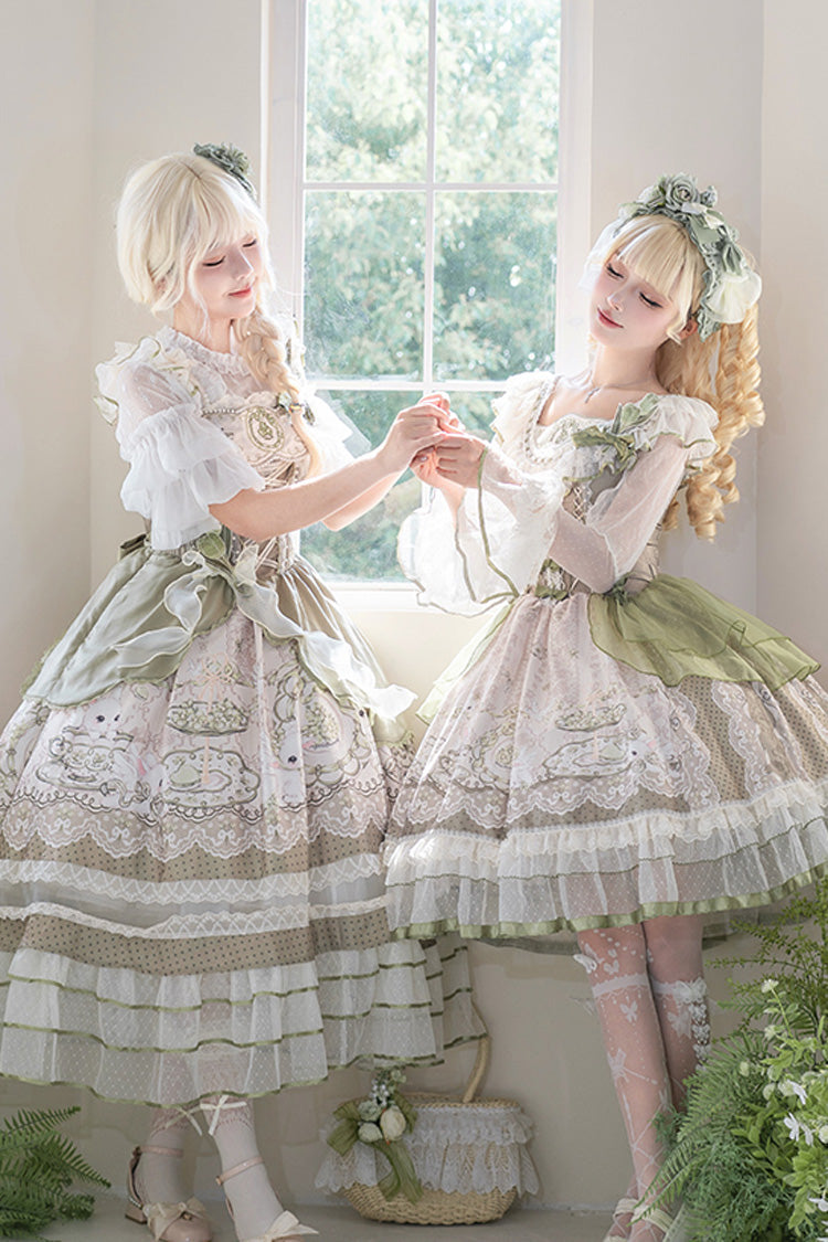 Green [Teacup Rabbit] Multi-Layered Print Ruffle Embroidery Bowknot Lace Asymmetric Sweet Elegant Lolita Jsk Dress - Product - 9