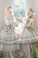 Green [Teacup Rabbit] Multi-Layered Print Ruffle Embroidery Bowknot Lace Asymmetric Sweet Elegant Lolita Jsk Dress - Product - 9
