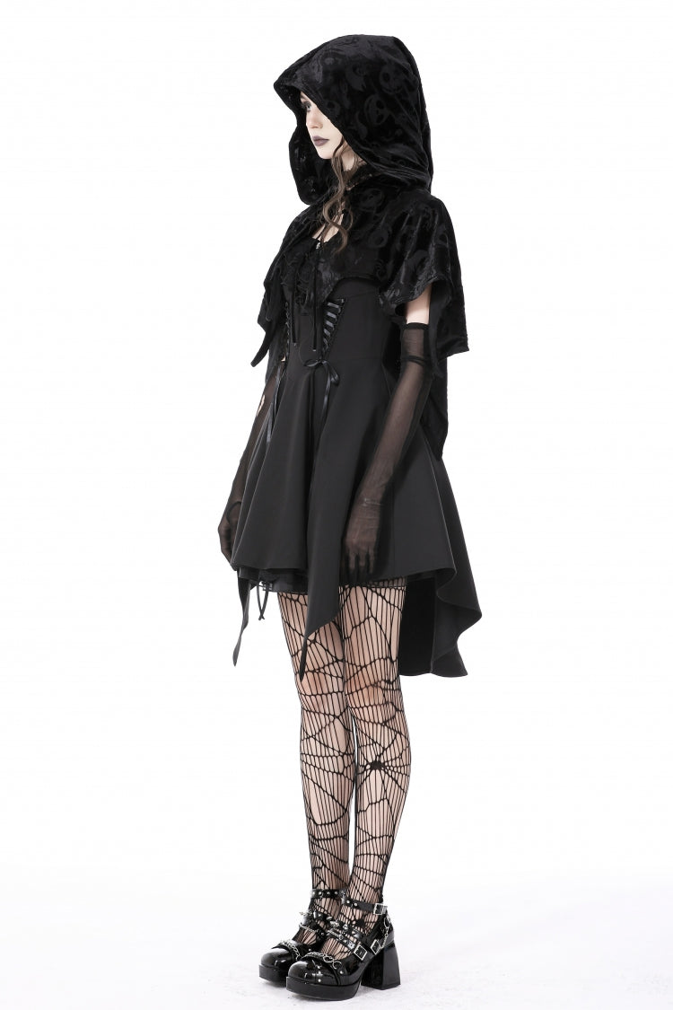 Black Skull Printed Front Lace-Up Women's Gothic Velvet Cape with Hood - Product - 10