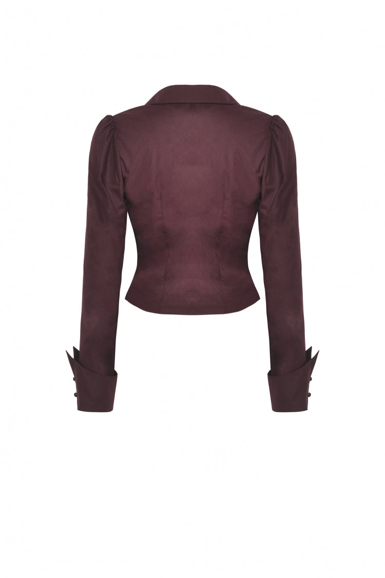 Wine Red Turn-down Collar Ruffled Long Sleeves Women's Gothic Blouse - Product - 12