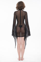 Black High-Neck Sexy Perspective Open-Chested Lace Flared Sleeves Women's Gothic Dresses With Chest Stickers - Product - 8