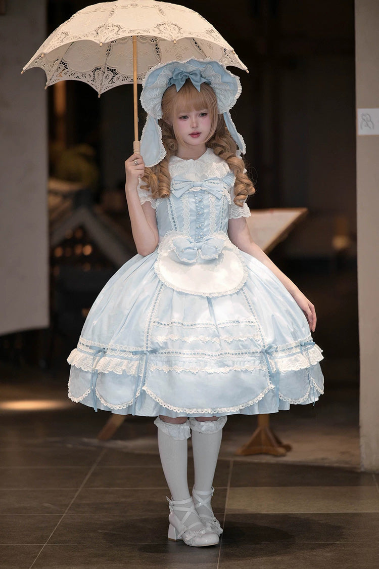 Blue [Petal Bunny] Cotton Sleeveless Ruffled Bow Lace Sweet Elegant Lolita Jsk Dress - Product - 12
