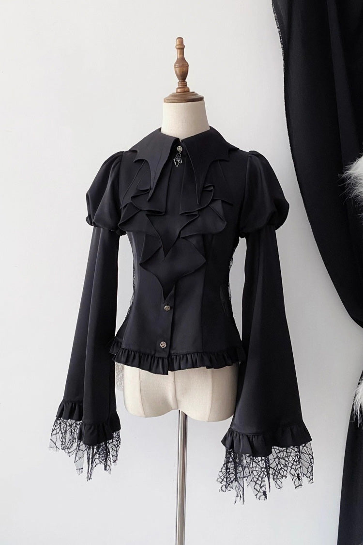 Bat Collar Long Sleeves Ruffle Gothic Lolita Blouse 3 Colors - Black - 1