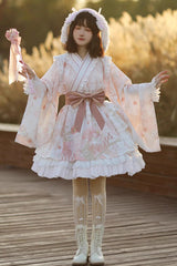 Apricot Long Trumpet Sleeves Cherry Blossom Print Ruffle Sweet Japanese Lolita Dress - Product - 3