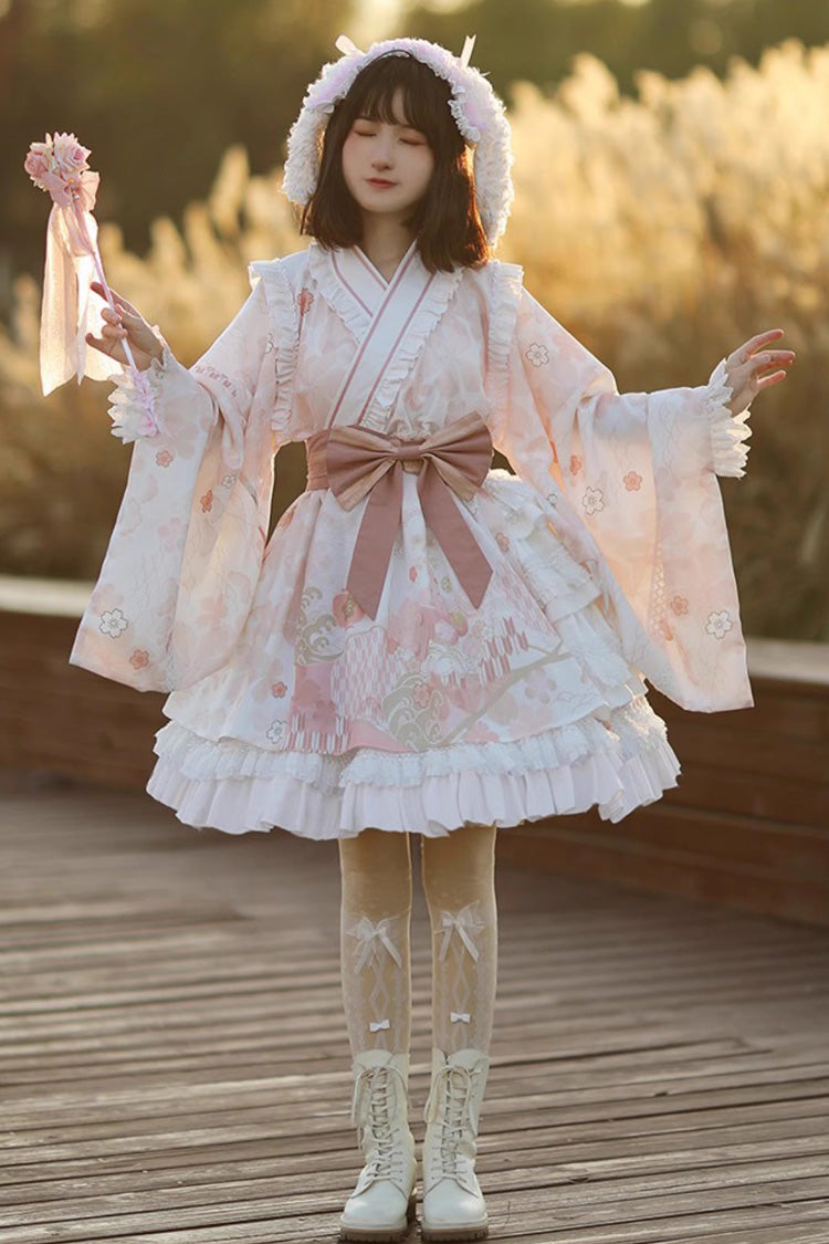 Apricot Long Trumpet Sleeves Cherry Blossom Print Ruffle Sweet Japanese Lolita Dress - Product - 3