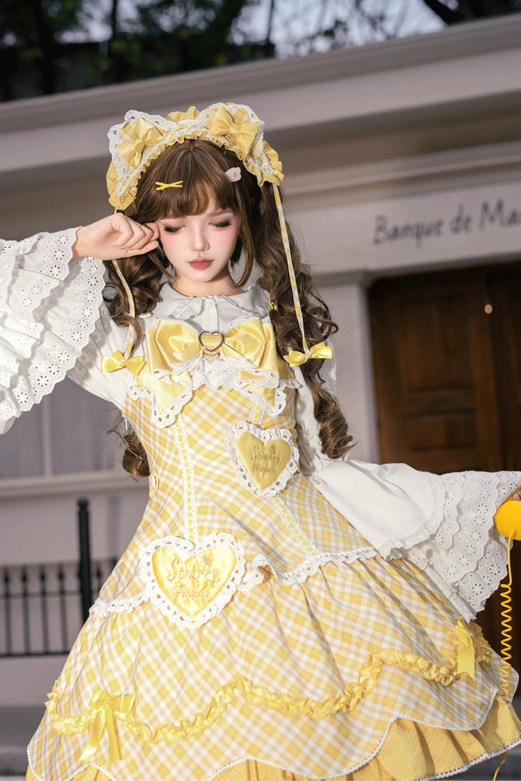 Yellow [Candy Cream Puff Strawberry Cake] Multi-Layered Printed Ruffled Bow Plus Size Sweet Princess Lolita Dress 2 Versions - Product - 3