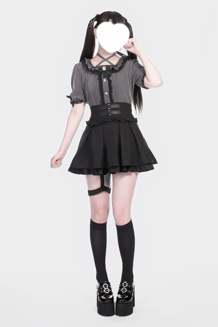 Black Leather Buckle Leg Ring Double-Layered Ruffle Sweet Jirai Kei Japanese Skirt - Product - 2