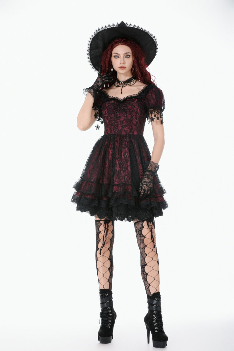 Black/Red Star Square-cut Collar Short Sleeves Lace Women's Gothic Priness Dress Graduation Dress - Product - 8