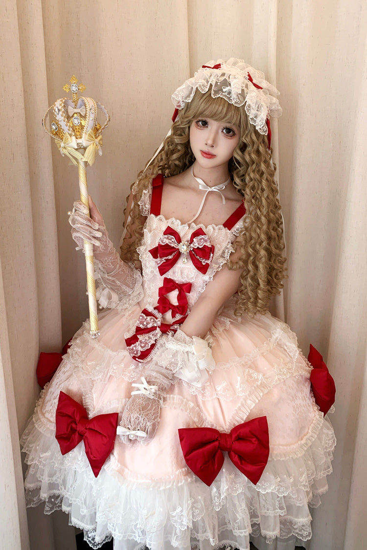 Red/Pink [Flower Dream Isle] Square Collar Multi-Layered Ruffled Bow Lace Sweet Lolita Jsk Dress - Product - 9