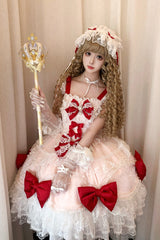 Red/Pink [Flower Dream Isle] Square Collar Multi-Layered Ruffled Bow Lace Sweet Lolita Jsk Dress - Product - 9