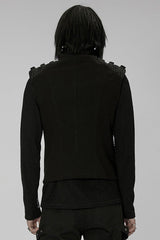 Black Punk High Collar Front Geometric Patterns Splicing Design Shoulder Padded Webbing Buckle Twill Men's Vest - Product - 4