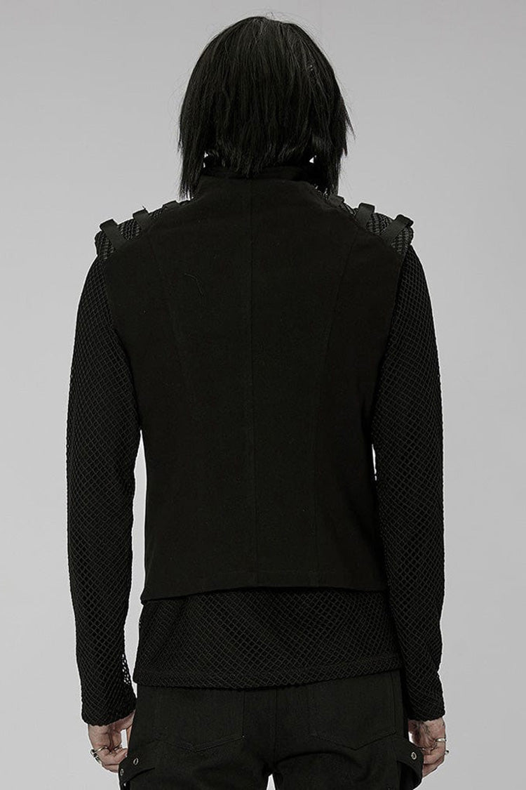 Black Punk High Collar Front Geometric Patterns Splicing Design Shoulder Padded Webbing Buckle Twill Men's Vest - Product - 4
