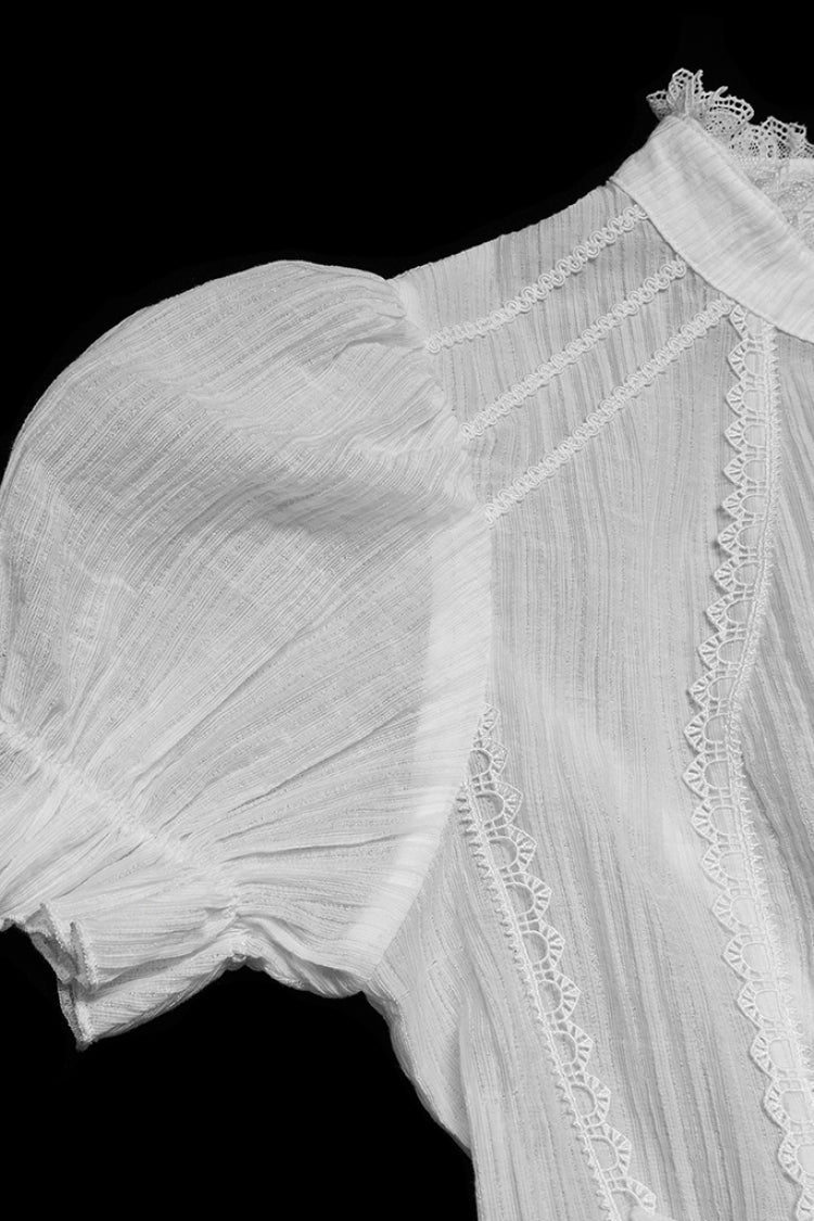 White Stand Collar Short Puff Sleeves Ruffled Lace-Up Women's Gothic Blouse - Product - 6