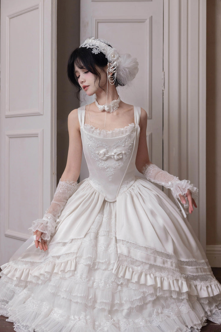 White [Promise of the Rose] Multi-Layered Ruffled Hanayome Open-Front Bow Sweet Gorgeous Lolita Jsk Dress Set - Product - 7