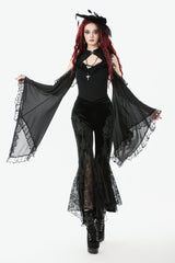 Black Women's Gothic Floral Embroidered Lace Flared Pants - Product - 6