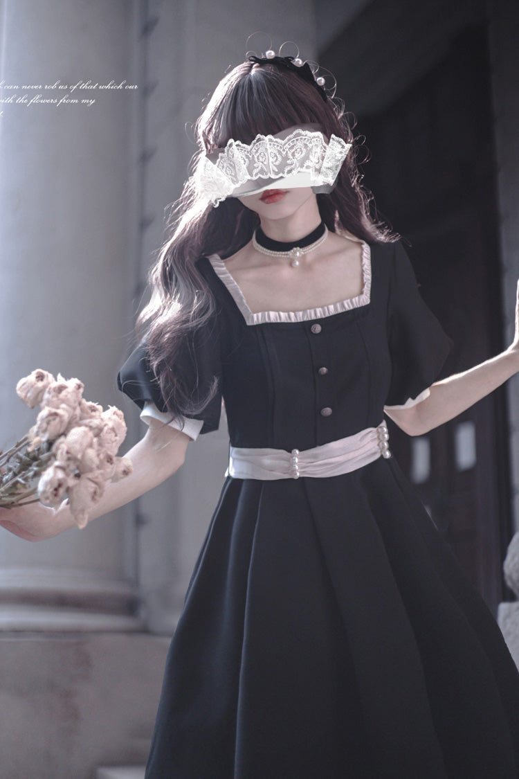 Black [Random Thoughts] Square Collar Short Sleeves Ruffle Classic Vintage Elegant Lolita Dress - Product - 8