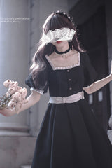 Black [Random Thoughts] Square Collar Short Sleeves Ruffle Classic Vintage Elegant Lolita Dress - Product - 8