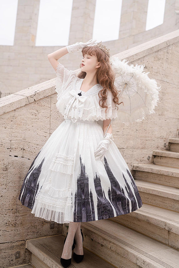 White Sleeveless Print Lace Gothic Vintage Princess Lolita Jsk Dress - Product - 4