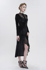 Black Small Stand Collar Cashew Paisley Lace On Chest Mesh Paneled Asymmetrical Hem Long Sleeve Women's Gothic Dress - Product - 5