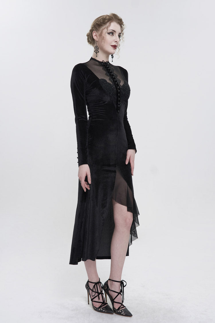 Black Small Stand Collar Cashew Paisley Lace On Chest Mesh Paneled Asymmetrical Hem Long Sleeve Women's Gothic Dress - Product - 5