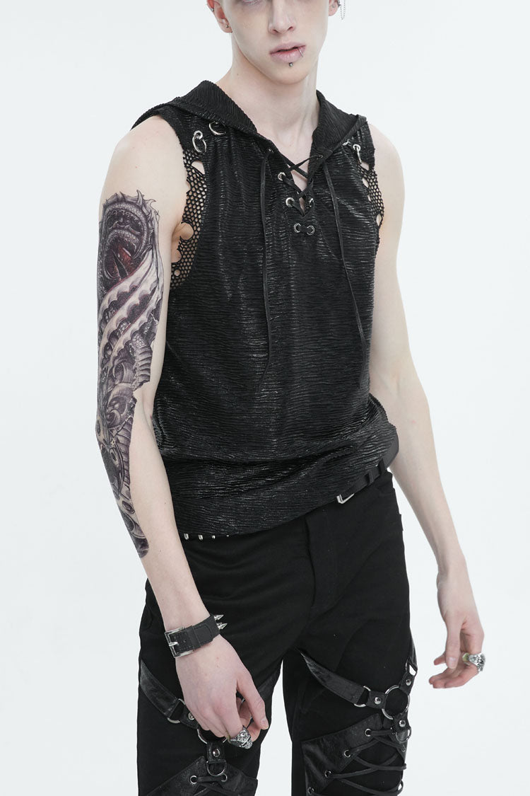 Black Strappy Mesh Splice Men's Punk Vest With Hood - Black - 1